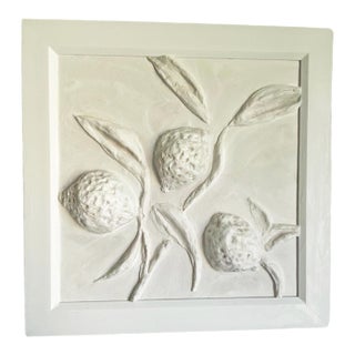 Plaster Lemon Plant Wall Art – Clay Bas Relief by Tatiana Duperault | Wabi Sabi Japandi Decor, Framed For Sale