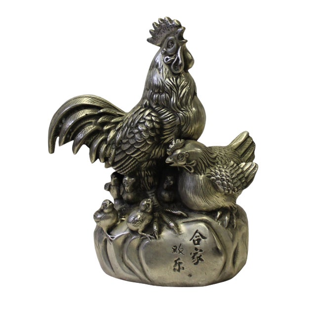 Chinese Silver Color Metal Rooster Family Small Figure For Sale