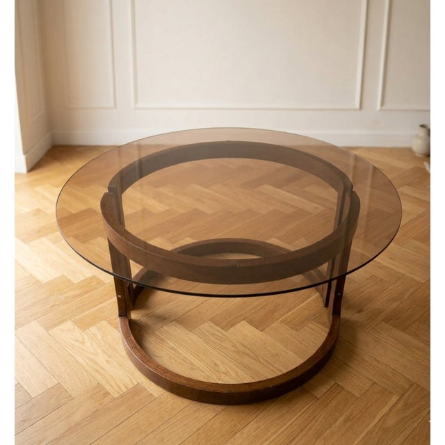 Wood Vintage Round Coffee Table with Smoked Glass Top, 1970s For Sale - Image 7 of 7