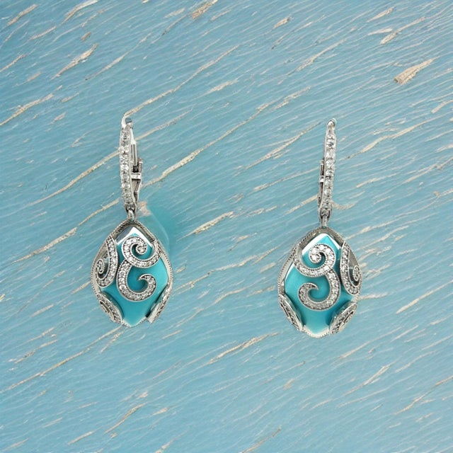 Persian Turquoise Diamond Pendant Earrings 14k WG 26.85 TCW Certified For Sale - Image 4 of 15