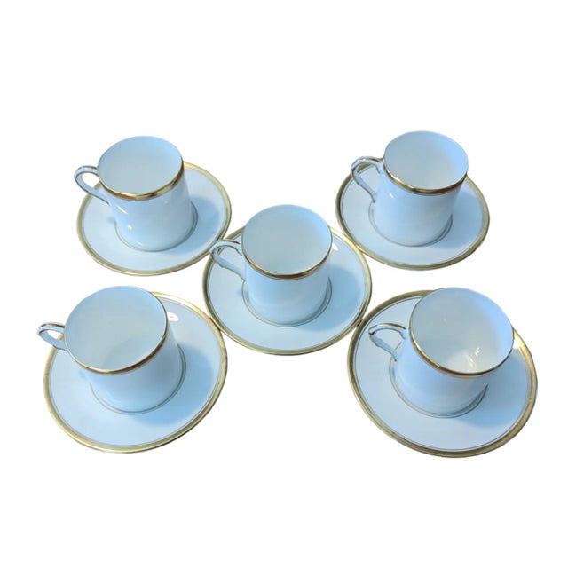 Five handsome Royal Worcester Bone China coffee cups and saucers in a demitasse size. The long-retired Viceroy pattern...
