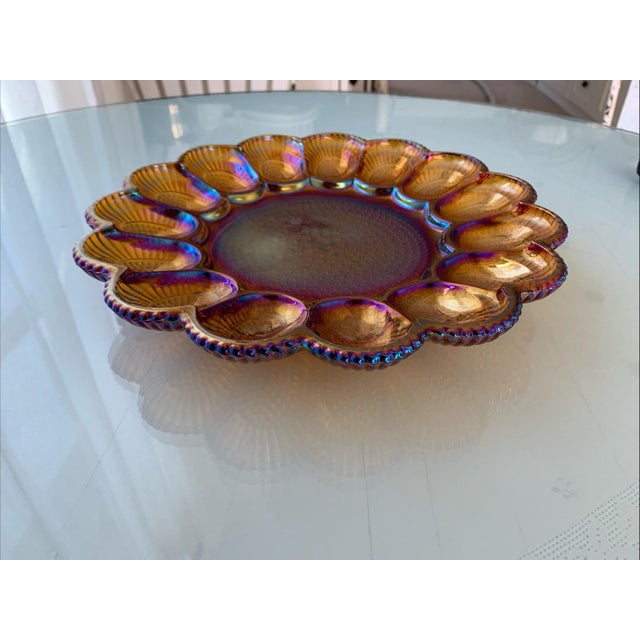 Mid-Century Modern Vintage Indiana Glass Iridescent Gold Carnival Deviled Egg Platter or Relish Plate For Sale - Image 3 of 12