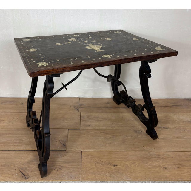 1930s Spanish Baroque Style Side Table with Floral Marquetry Top and Ebonized Base For Sale - Image 13 of 13