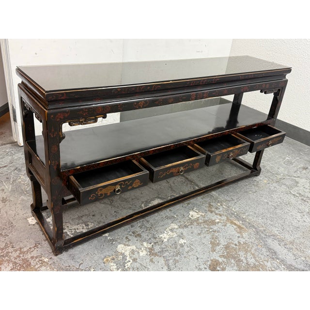 Chinoiserie Black Lacquer Console Table, Vintage For Sale - Image 4 of 12