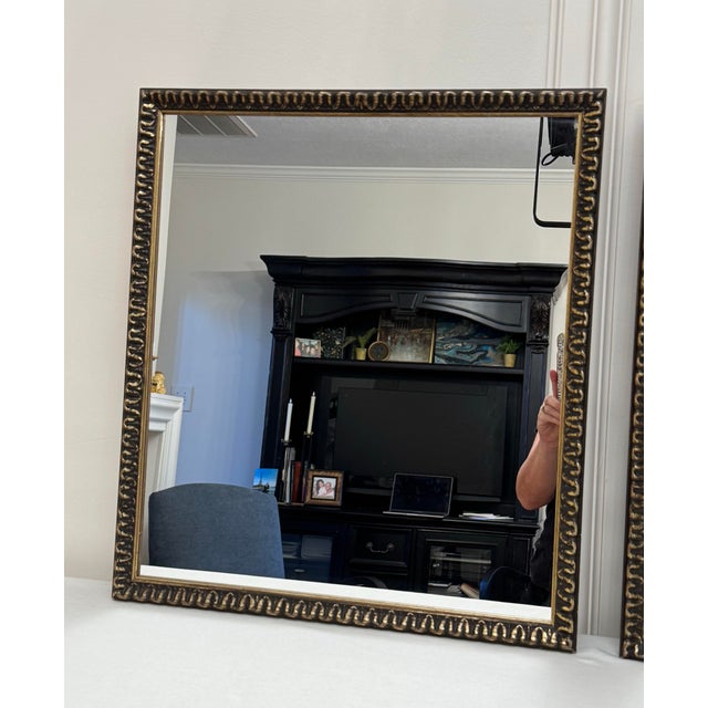 Wood Rococo Revival Ebonized Black & Gold Square Wood Mirrors, a Pair For Sale - Image 7 of 9