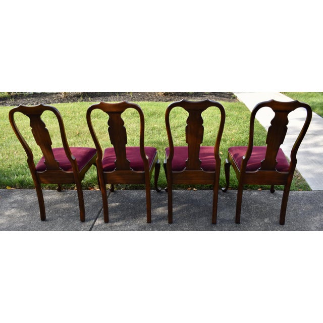 Brown Pennsylvania House Cherry Dining Chairs Vintage Queen Anne Set of 6 Velvet For Sale - Image 8 of 17