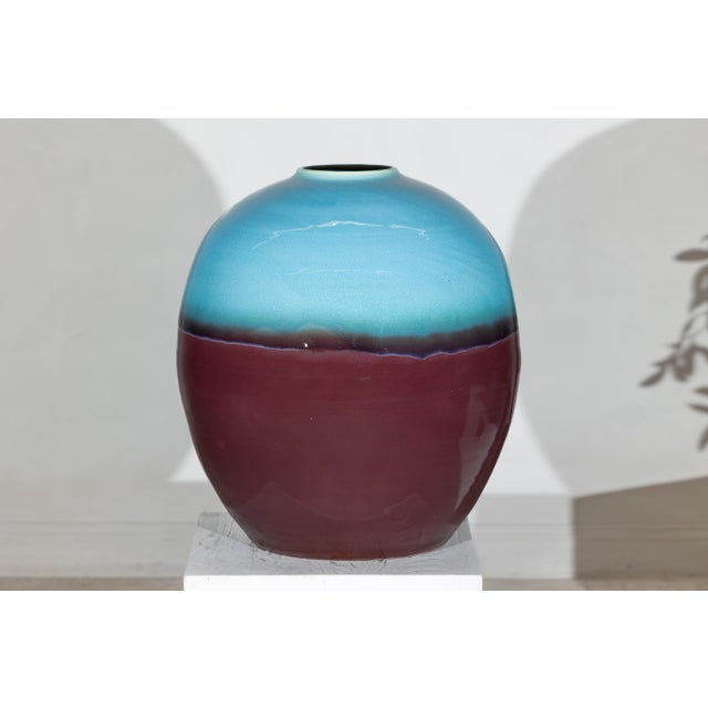 Turquoise Large Artisan Ceramic Vase with Turquoise Crackle Glaze and Deep Brown Ground For Sale - Image 8 of 18