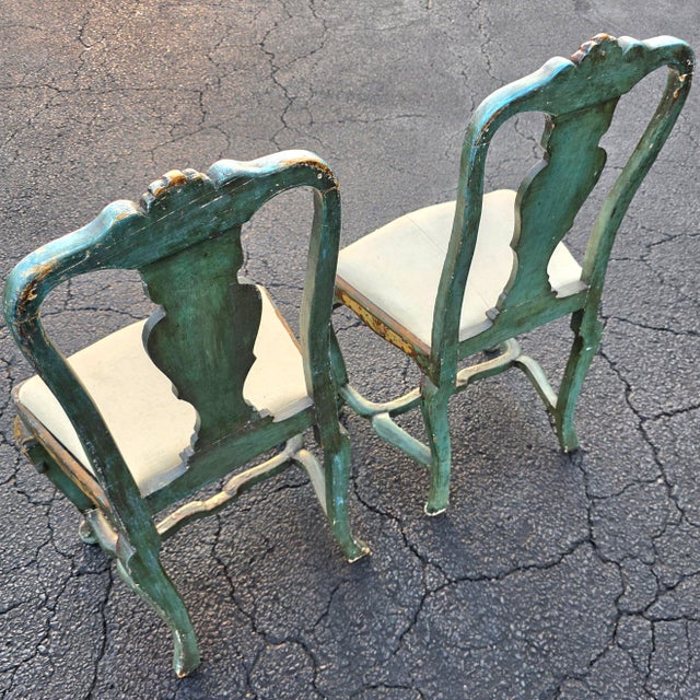 Early 20th Century Antique Pair of Italian Venetian Rococo Revival Hand-Painted Polychrome and Parcel-Gilt Side Chairs With Floral Decoration, Circa 1920 For Sale - Image 5 of 13
