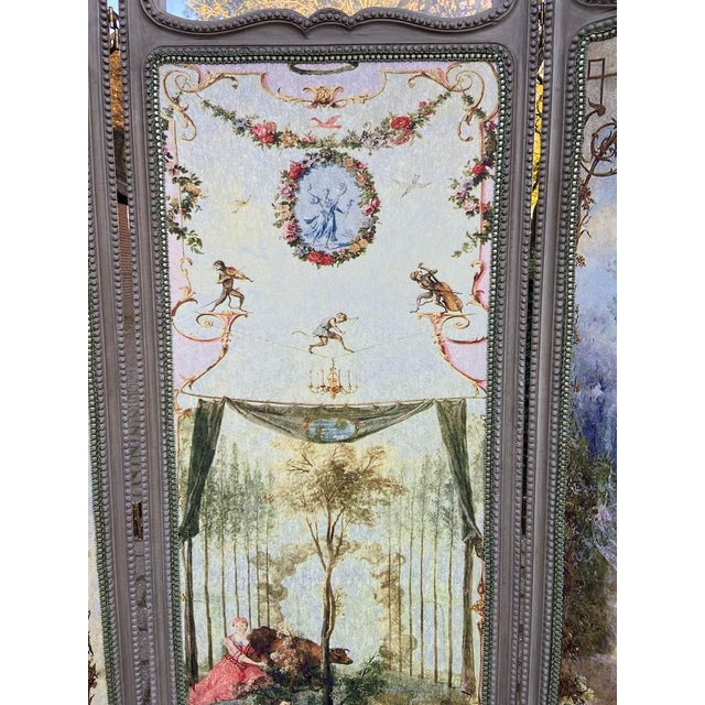 1960s Louis XVI Gray Beech Room Divider Screen, Upholstered, 3 Panel For Sale - Image 4 of 18