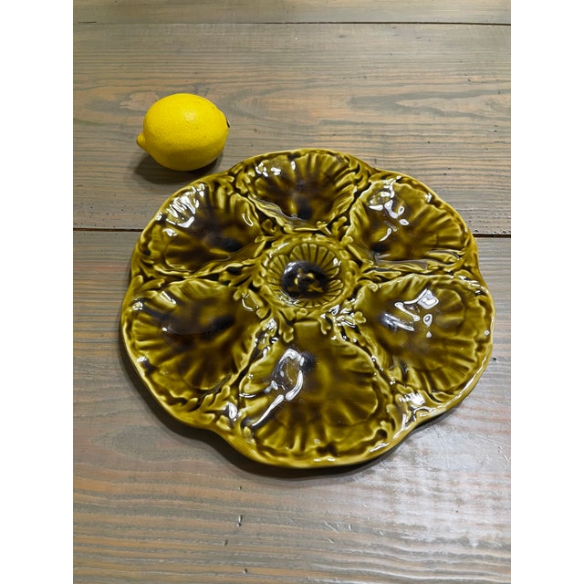 1950s French Gien Majolica Olive Green Oyster Plate For Sale - Image 13 of 15
