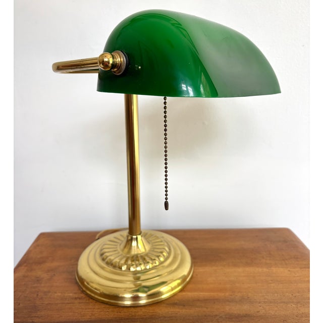 Vintage Brass Emeraldite Shade Bankers Lamp For Sale - Image 4 of 7