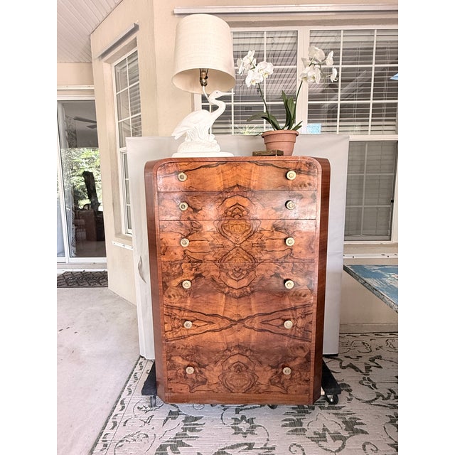 Camel Art Deco Rosewood and Walnut Tall Chest of Drawers For Sale - Image 8 of 12