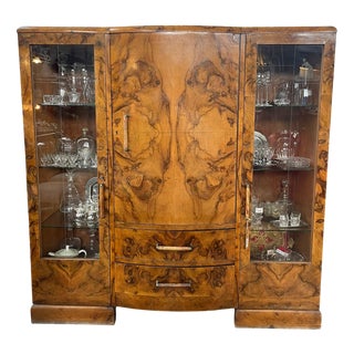 Art Deco Sideboard in Burl Wood with Hand-Frosted Glass Depicting Female Figures and Bakelite Handles, 1940s For Sale