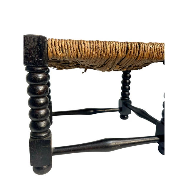 English Antique English Jacobean Style Country Woven Rush Seat Stool With Bobbin Legs For Sale - Image 3 of 16