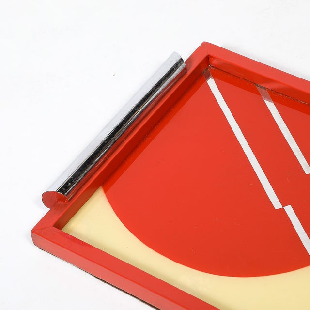 Art Deco Art Deco Eglomise Graphic Geometric Detailed Tray in Vermillion Red & Yellow For Sale - Image 3 of 17
