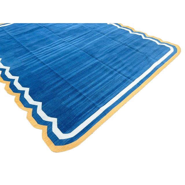 Handmade Cotton Area Rug Natural Vegetable Dyed Blue Scalloped Rug Yellow Border - 6'x9' For Sale - Image 6 of 11