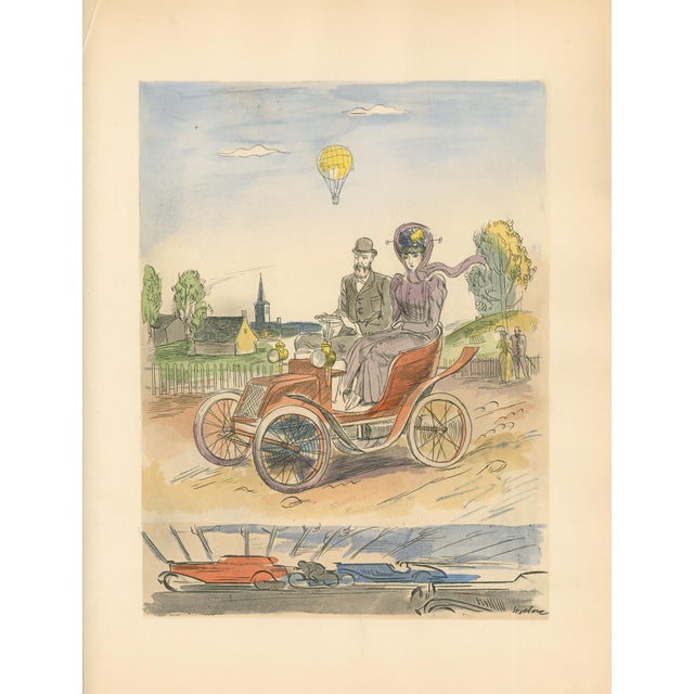 Original 1932 Art Deco print by Milivoj Uzelac celebrating the history and excitement of motoring, with an early open...