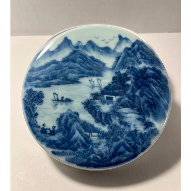 Chinese Circa 1930s Chinese Republic Blue and White Porcelain Powder Box Yongzheng Mark For Sale - Image 3 of 8