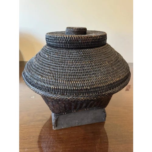 Wood Vintage 17.5" Philippines Ifugao Rattan Woven Lidded Basket on Stand For Sale - Image 7 of 12