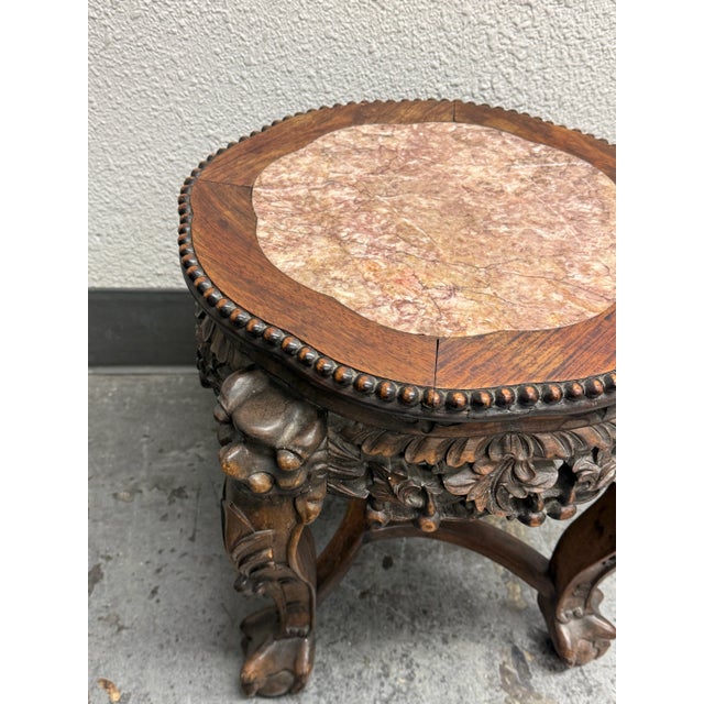Early 20th Century Antique Chinese Carved Rosewood + Marble Plant Stand For Sale - Image 5 of 12