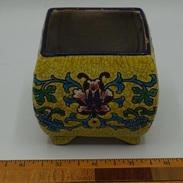 Antique Japanese Satsuma Square Footed Pot Crackle Glaze Floral Enamel c.1900 Offered here is a beautiful antique Japanese...
