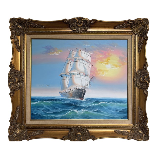Original Marine Oil Painting Tall Ship on Open Sea Nautical Seascape Gold Frame For Sale