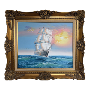 Original Marine Oil Painting Tall Ship on Open Sea Nautical Seascape Gold Frame