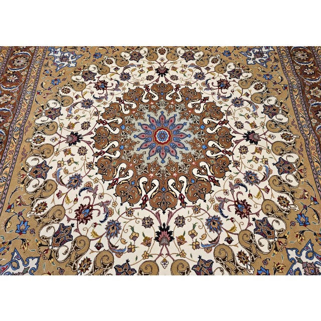 Vintage Persian Tabriz Square Area Rug, Hand-Knotted Wool & Silk, Fine Medallion Floral Pattern, Ivory & Brown, 7x7 For Sale - Image 10 of 16