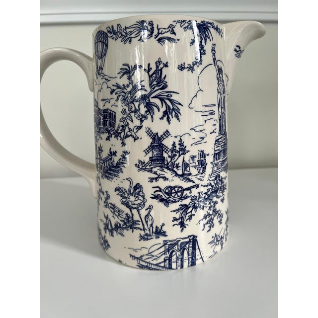 Signed Tiffany & Co. Blue and White New York City Toile Ceramic Pitcher For Sale - Image 4 of 5
