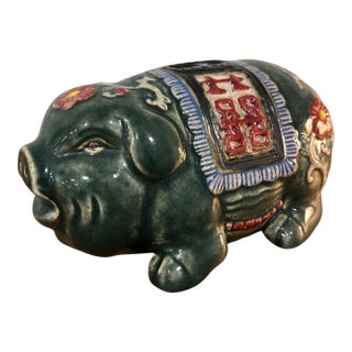 Vintage Gump’s Ceramic Piggy Bank – Celadon Glaze With Double Happiness Motif For Sale