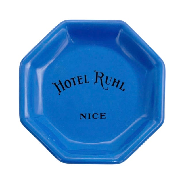 Ceramic Vintage Hotel Ruhl Nice France Blue Ashtray Catchall Dish For Sale - Image 7 of 9