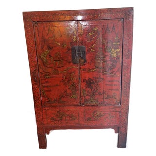 Late 19th Century Red Antique Chinese Chinoiserie Style Wedding Cabinet For Sale