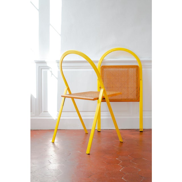 Vintage Folding Chairs in Yellow Lacquered Metal and Caning by Giorgio Cattelan for Cidue, 1970s, Set of 2 For Sale - Image 4 of 18