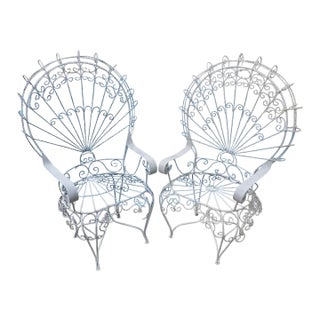 Vintage White Wrought Iron Peacock Armchairs-Set of Two For Sale
