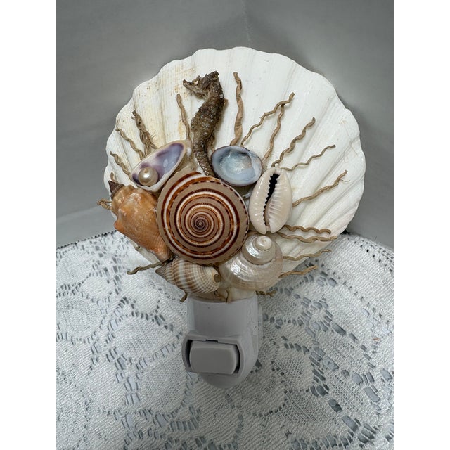Natural seashell night light with sea life found objects, assorted shells, pearl accents and sea horse fossil. Fun for any...