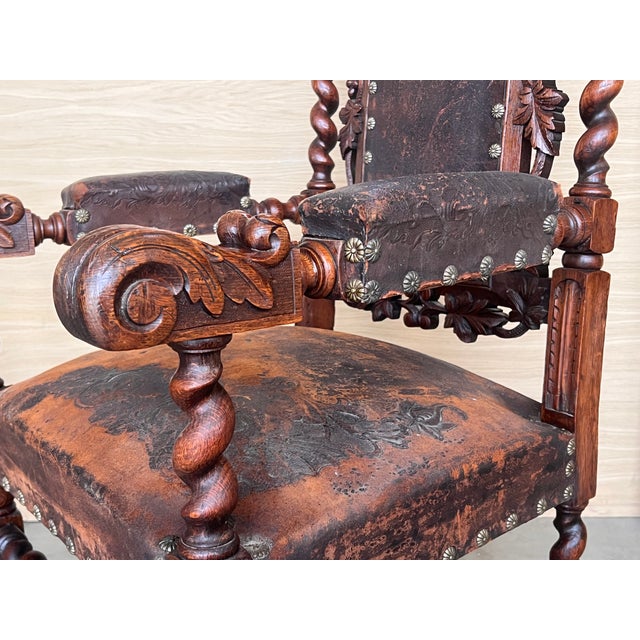 Pair of Colonial Catalan Spanish Altar Armchairs With Carved Leather For Sale - Image 10 of 12
