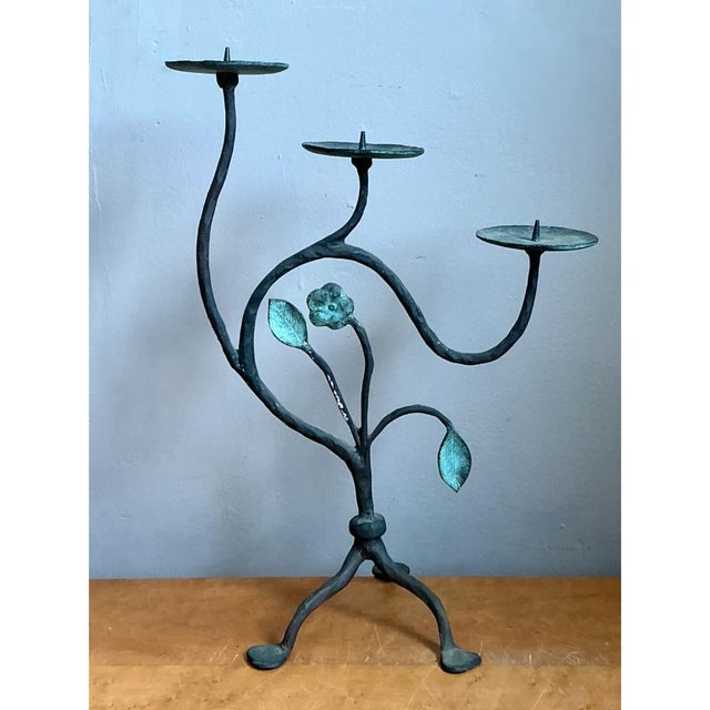 Mid-Century Modern Vintage Floral Metal Candle Holder For Sale - Image 3 of 12