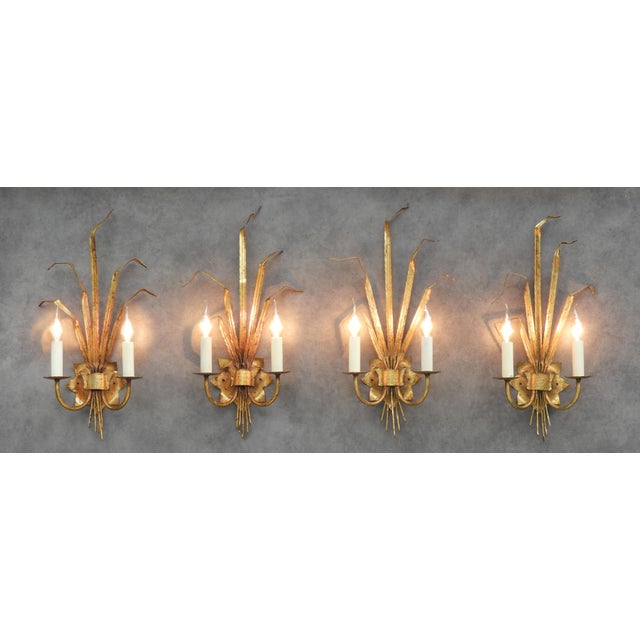 Spanish Gilt Ferrocolor Tole Wheat Sheaf Wall Sconces, 1950, Set of 2 For Sale - Image 4 of 11