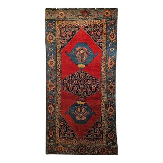 Vintage Persian Bidjar Gallery Rug, Hand-Knotted Wool, Geometric Pattern, Carnelian Red & Blue, 5x9 For Sale