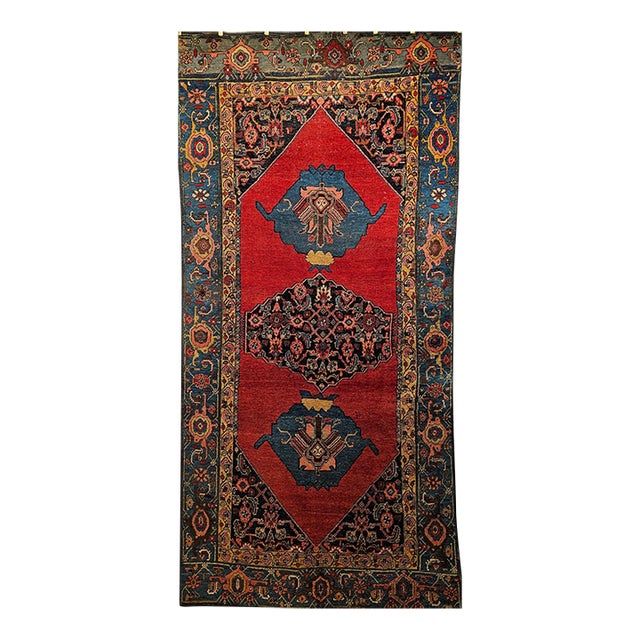 Vintage Persian Bidjar Gallery Rug, Hand-Knotted Wool, Geometric Pattern, Carnelian Red & Blue, 5x9 For Sale