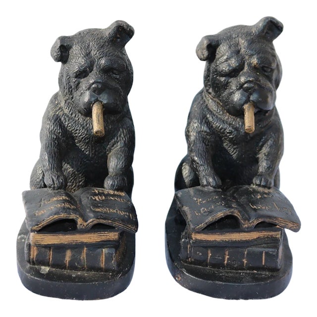 Lovely Vintage Pair of Cigar Smoking English Bulldog Bookends Heavy Metal For Sale