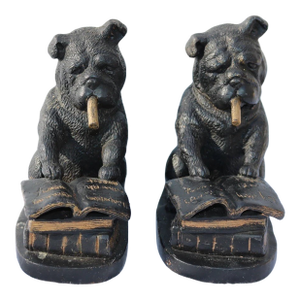 Lovely Vintage Pair of Cigar Smoking English Bulldog Bookends Heavy Metal