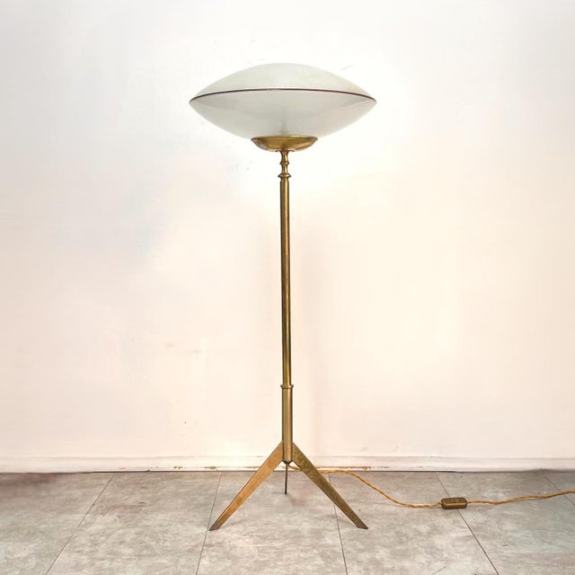 Gold Mid-Century Modern Italian Floor Lamp in Brass and Opaline Glass, 1950s For Sale - Image 8 of 9