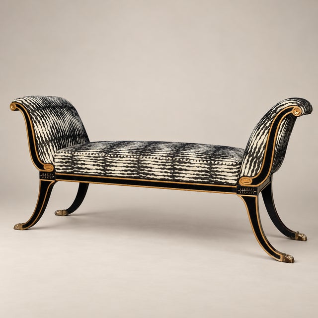 Maison Jansen 1970s Maison Jansen–Style Neoclassical Ebonized and Gilt Window Settee in Castel Baobab Fabric For Sale - Image 4 of 9