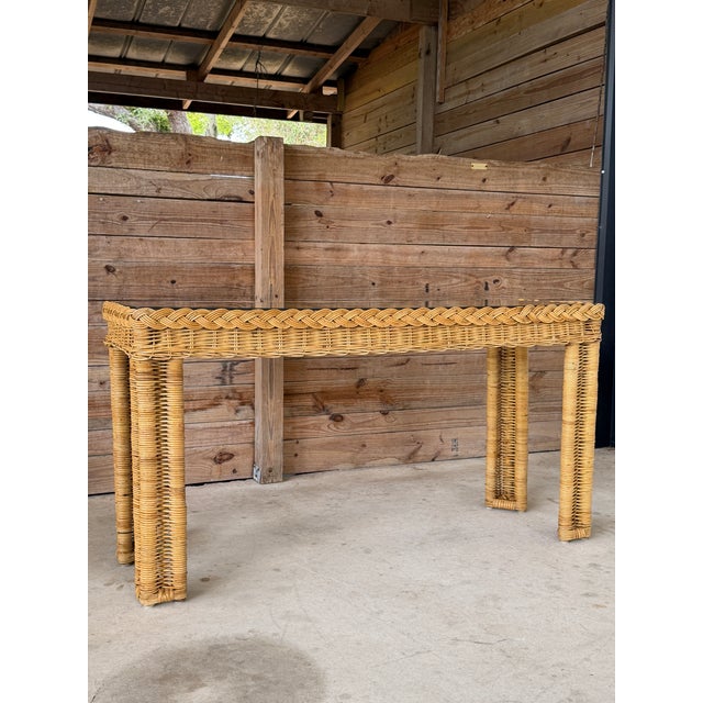 Vintage Handwoven Braided Rattan Console Table Glass Insert For Sale - Image 12 of 12