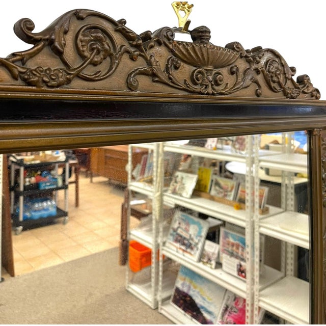 Antique Carved Wood Overmantel Mirror With Floral Urn Motifs and Scrolled Crest. For Sale - Image 11 of 11