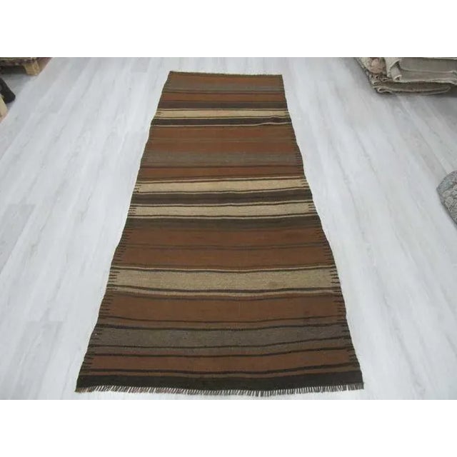 Mid-Century Modern Vintage Turkish Kilim Striped Handwoven Runner Rug - 3′8″ × 8′10″ For Sale - Image 3 of 5