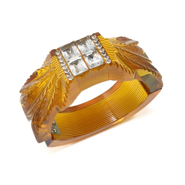 Vintage Art Deco Carved Bakelite and Paste Hinged Cuff, 1930s For Sale - Image 14 of 14