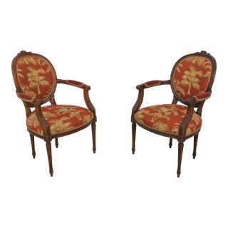 Pair French Louis XV Carved Frame Open Armchairs For Sale