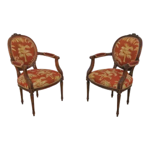 Pair French Louis XV Carved Frame Open Armchairs